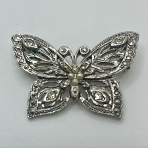 Vintage Silver Tone Butterfly Brooch with Pearls